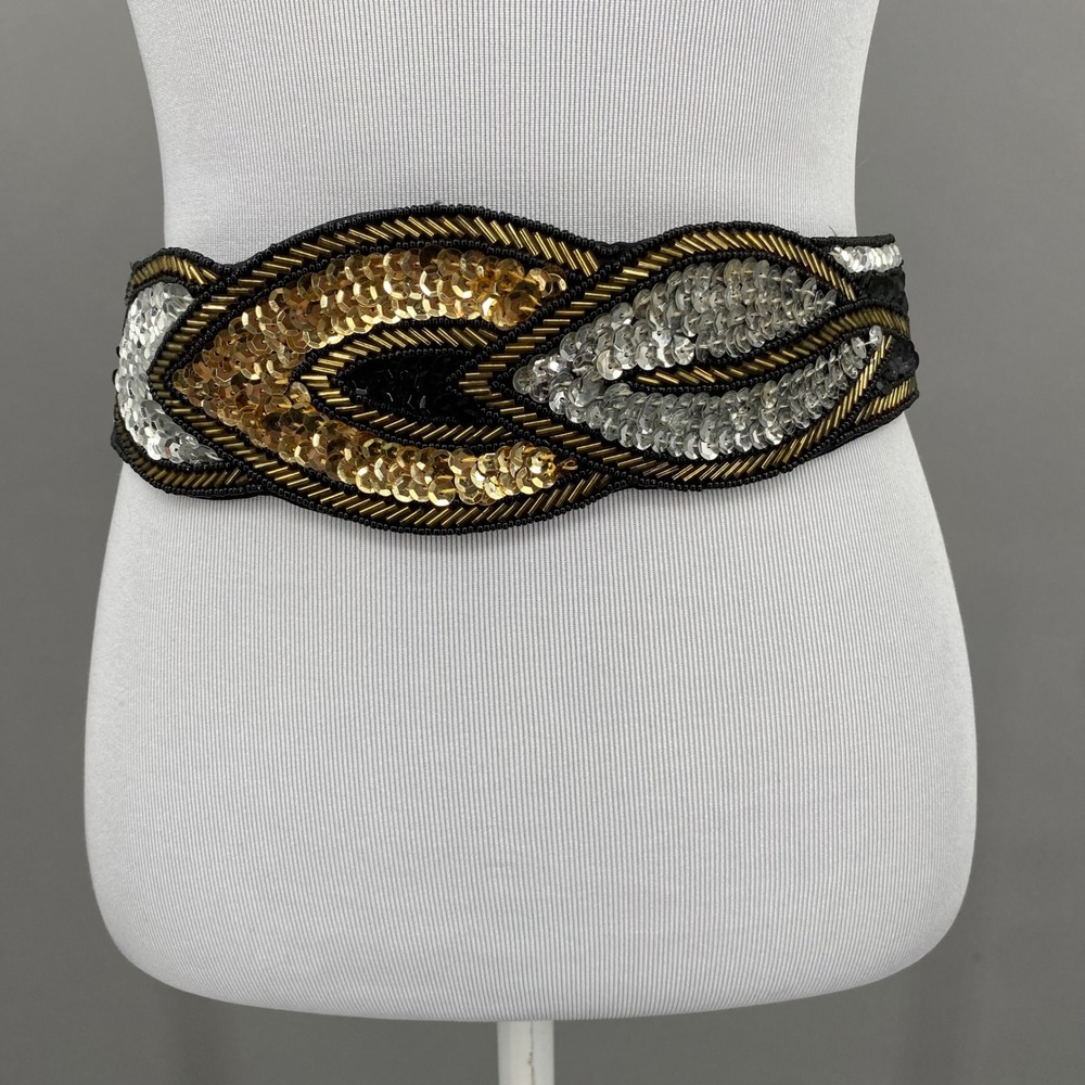 Vintage Sequin Beaded Wide Belt Black Gold Silver 100% Silk Statement Medium
